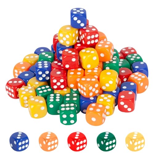 Powerking Würfelset, 100 STÜCKE Mulitcolor Bulk Game Dices für Tensies Dice Game, Brettspiel, Math Game Party Favor, 16mm 6-Sided Round Corner (Mehrfarbig) von powerking