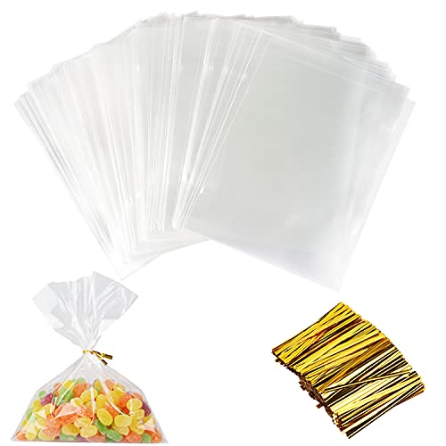 200 Stück Cellophantüten Klein, Cellophantüten Klar, Süßigkeiten Tütchen Transparent,Klarsichttüten,Zellophantüten Groß Bodenbeutel Transparent, OPP Geschenktüten Plätzchen mit Goldband(15*20 cm) von Powmag