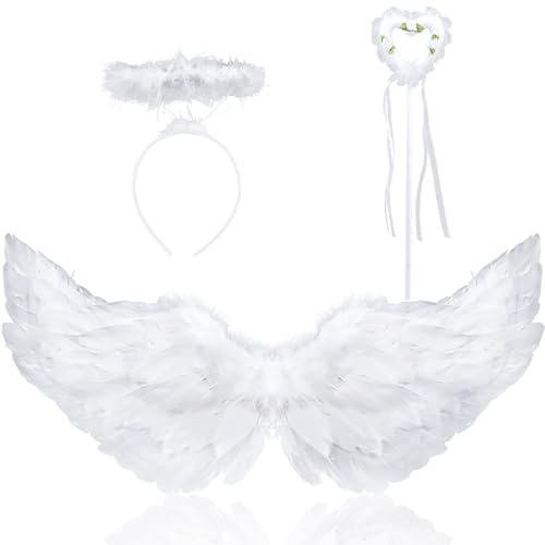Engel Kostüm Damen, 3 Stück Fasching Teufel Kinder, 60CM Engelsflügel mit Heiligenschein und Zauberstab, Karneval Kostüm Damen Flügel für Cosplay Party Fasching (Weiß) von Powmag
