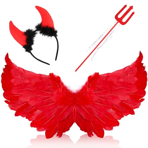 Powmag Engel Kostüm Damen, 3 Stück Fasching Teufel Kinder, 60CM Engelsflügel mit Heiligenschein und Zauberstab, Karneval Kostüm Damen Flügel für Cosplay Party Fasching (Rot) von Powmag