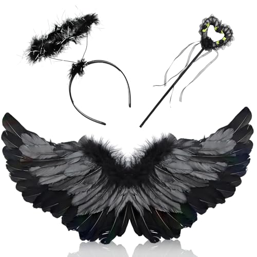 Powmag Schwarzer Engel Kostüm Damen, 3 Stück Fasching Teufel Kinder, 60CM Engelsflügel mit Heiligenschein und Zauberstab, Karneval Kostüm Damen Flügel für Cosplay Party Fasching (Schwarz) von Powmag