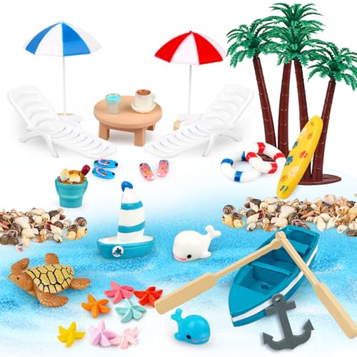 32 Stück Strand-Mikrolandschaft, Mini-Stranddekorationen Miniatur Deko, Strand Zubehör, Sommer Strand Spielzeug, für DIY, Garten, Urlaub Geschenk, Puppenhaus Dekoration (Sonnenschirm Strand) von Powmag