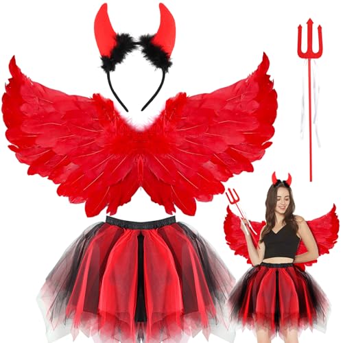 Powmag Engel Kostüm Damen, Rot, 4 Stück, Engelsflügel, Tüllrock, Heiligenschein, Zauberstab, Karneval, Cosplay, Fasching von Powmag