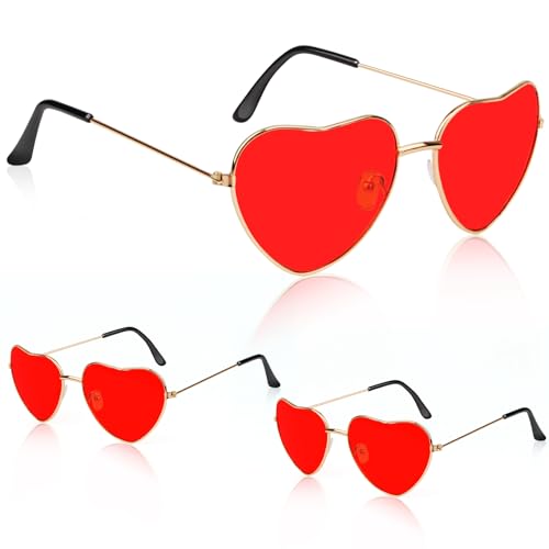 Powmag 3 Paar Herz Sonnenbrille, Lustige Herzbrille, Party brille, Hippie Partybrille, Herzbrille für Fasching Foto Requisiten Geburtstagsfeier für Damen und Männer (Rot) von Powmag