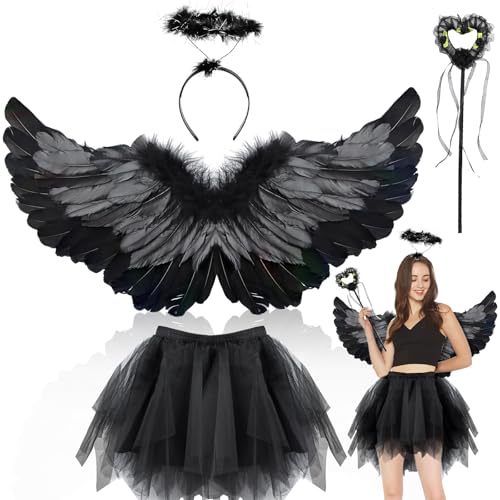 Engel Kostüm Damen, 4 Stück Rot Engel Kostüm Erwachsene, 80CM Engelsflügel, Tüllrock Damen mit Heiligenschein und Zauberstab, Tutu-Rock, Engel Teufel Flügel für Karneval Cosplay Fasching (Schwarz) Engel Kostüm Damen, 4 Stück Rot Engel Kostüm Erwachsene, 80CM Engelsflügel, Tüllrock Damen mit Heiligenschein und Zauberstab, Tutu-Rock, Engel Teufel Flügel für Karneval Cosplay Fasching (Schwarz) von Powmag