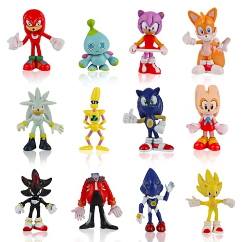 Powmag Tortendeko Figuren,12pcs Sonic-Figuren Set, Figuren Torte Kuchen Dekoration, Tortendeko Kinder, Tortenfiguren Kuchendeko, Party Dekorationen, Spielzeug, Geschenke für Jungen Mädchen von Powmag