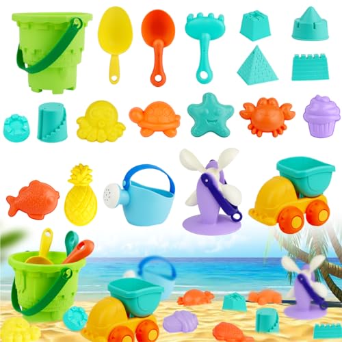 Powmag Sandspielzeug Set, 20 Stück Sandkasten Spielzeug für Kinder, Strandspielzeug Mädchen Junge, Strand Spielzeug ab 1 Jahr mit Sandformen, Strandbuggy, Eimer, Netzbeutel von Powmag