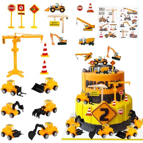 Powmag Kuchen Deko Baustelle, 21 Stück Bagger KuchenDeko, Tortendeko Junge, Verkehrsschilder Spielzeug, Baustelle Spielzeug Kuchen Deko Junge von Powmag