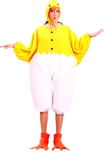 Powumie Hühner-Kostüm für Erwachsene, Damen, Tier, lustiges Küken, Cosplay, gelber Overall, Fußbedeckungen, Zubehör (gelb, klein) von Powumie