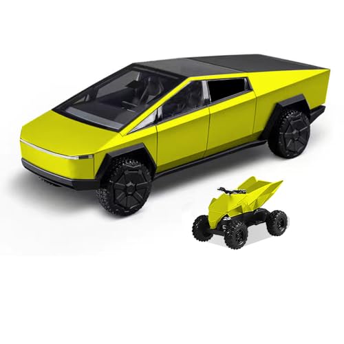 Cyber Truck Zinc Alloy Toy Trucks with ATV Motorcycle Diecast Metal Model Electric Pickup Truck 1/32 Toy Race Cars with Sound and Lighting Effect Gift Age for 3+ (Yellow) von Powvan