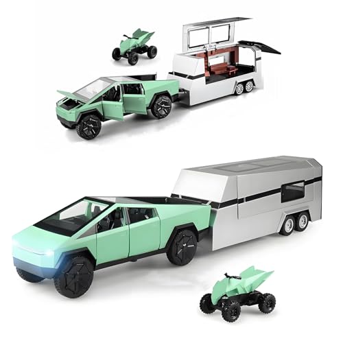 Powvan Spielzeug-LKW mit Wohnmobil aus Druckgussmetall, Cybertruck-Modell-Pickup-Truck im Maßstab 1:32, Spielzeugautos mit Sound und Licht, geeignet ab 6 Jahren. (Schwarzes Pickup-Truck-Set) von Powvan