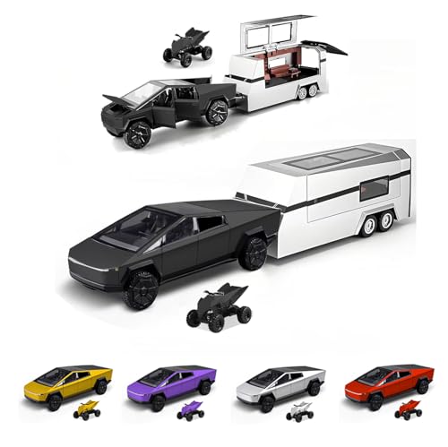 Powvan Spielzeug-LKW mit Wohnmobil aus Druckgussmetall, Cybertruck-Modell-Pickup-Truck im Maßstab 1:32, Spielzeugautos mit Sound und Licht, geeignet ab 6 Jahren. (Schwarzes Pickup-Truck-Set) von Powvan