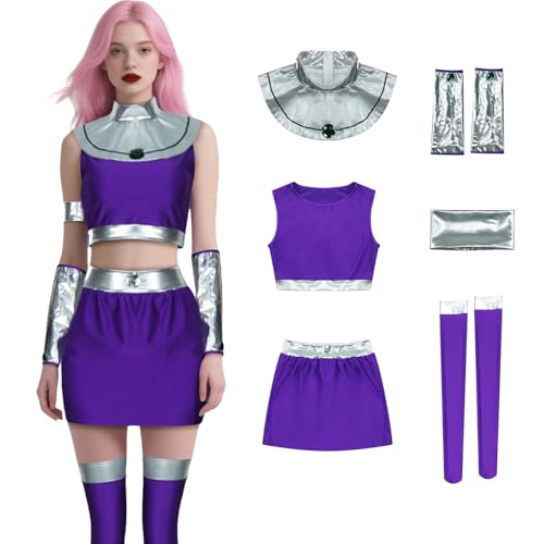 Poybraxh Starfire Kostüm Prinzessin Koriand'r Cosplay Outfits Damen Lila Crop Top Rock Set für Halloween Party Uniform, Violett, XX-Large von Poybraxh
