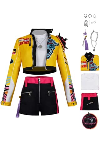 Rumi Cosplay-Kostüm, Dämonenjäger, Rumi-Jacke, Weste, Halskette, Hose, Erwachsene, Damen, Uniformen, Halloween-Outfits, Orange/Abendrot im Zickzackmuster (Sunset Chevron), M von Poymium