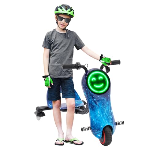 Kinder Elektro Drift Cart 360° Drift Scooter 3 Geschwindigkeitsstufen Elektro Gokart 180 Watt Motor 12 Km/H Einstellbare Länge Drift Trike LED-Laufleuchte Bluetooth Crazy Cart (Sternenhimmelblau) von Poyujkyhr