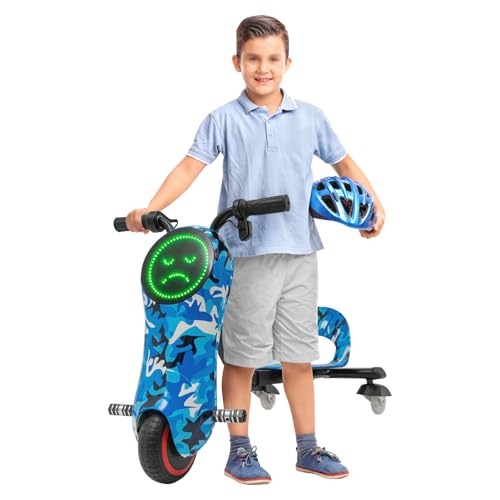 Kinder Elektro Drift Cart 360° Drift Scooter 3 Geschwindigkeitsstufen Elektro Gokart 180 Watt Motor 12 Km/H Einstellbare Länge Drift Trike LED-Laufleuchte Bluetooth Crazy Cart (Tarnblau) von Poyujkyhr