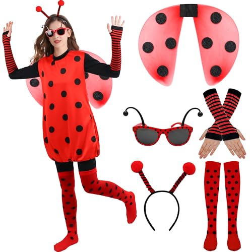 Marienkäfer Kostüm für Damen,6 Stück Käfer Kostüm für Erwachsene Karneval Ostern Halloween Cosplay Party (Rot, L) von Poywuo