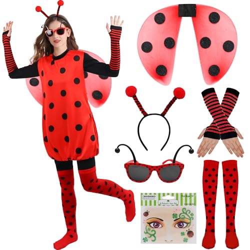 Poywuo Marienkäfer Kostüm für Damen,6 Stück Käfer Kostüm für Erwachsene Karneval Ostern Halloween Cosplay Party (Roter Anzug, M) von Poywuo