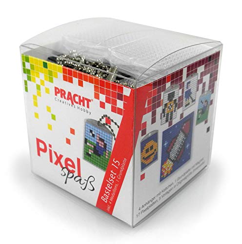Pixel P90035-63501 Spaß Bastelset 15, zur Gestaltung von 4 Schlüsselanhängern (Medaillons) für Kinder, kinderleichtes Stecksystem, ohne Bügeln und Kleben, Steinchen aus Biokunststoff von Pracht Creatives Hobby