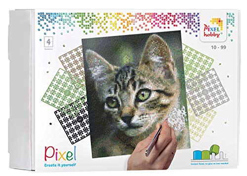 Pixel P090034 Geschenkverpackung Katze, Pixelbild ca. 20,3 x 25,4 cm groß, kinderleichtes Stecksystem, ohne Bügeln und Kleben, Steinchen aus Biokunststoff, ideal für Kinder von Pracht Creatives Hobby