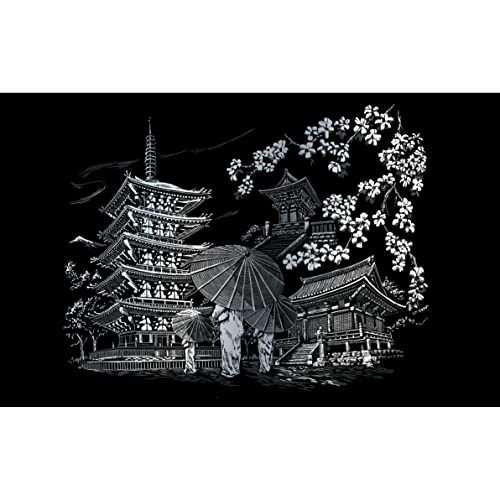 Royal & Langnickel - Kratzbild Kyoto Tempel, Silber, Kratzbilder für Kinder und Erwachsene, mit Kratzstift und Vorlage von Pracht Creatives Hobby