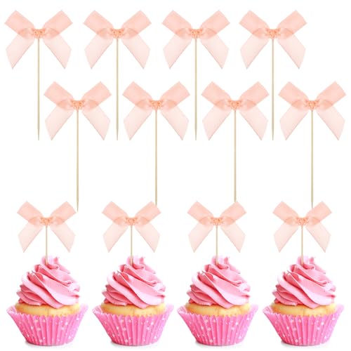 Cupcake-Topper, Schleife, Kuchendekoration, Schleife, Kuchendekoration für Schleife, Themenparty, Babyparty, Braut, Hochzeit, Geburtstag, Party-Dekorationen (Perlrosa, 24 Stück) von Prasacco