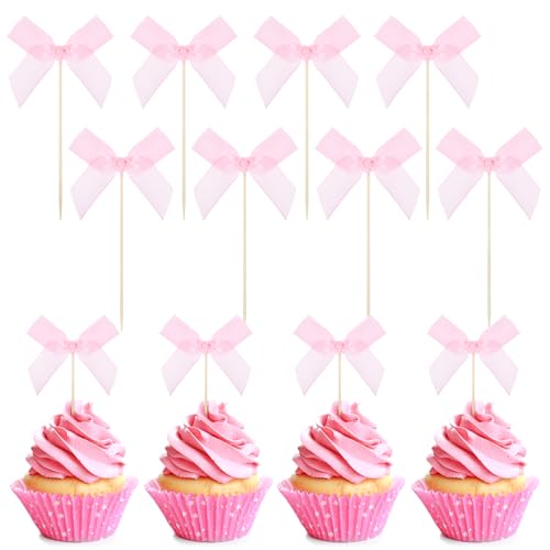 Cupcake-Topper mit rosa Schleife, 24 Stück, Schleife, Kuchendekoration für Schleifen-Themenparty, Babyparty, Braut, Hochzeit, Geburtstagsparty-Dekorationen (Rosa) von Prasacco