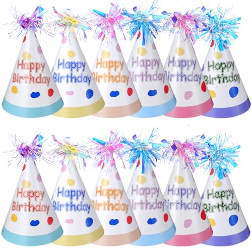 Prasacco Geburtstagshüte mit Pompons, bunte Partyhüte, Regenbogen-Kegelhut für Kinder, Erwachsene, Mädchen, Jungen, Foto-Requisiten, Geburtstagsparty-Zubehör, Dekorationen, 12 Stück von Prasacco