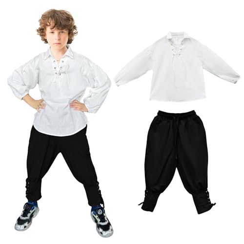 Jungen Mittelalterliche Piraten Set Shirt & Knöchel Hosen Kinder Renaissance Halloween Kostüm Schottische Jacobite Tops und Hosen (Weiß + Schwarz, 6-8T) von Prebene