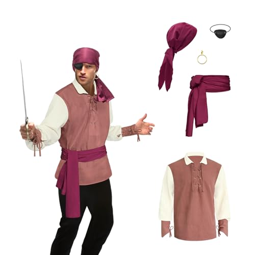 Piratenhemd für Herren, 5-teiliges Piratenkostüm-Set, Renaissance-Piratenhemd, viktorianisches Gothic-Shirt, Mittelalter-Kostüm, Wikinger-Kostüm, Cosplay, Braun/weiße Ärmel, M Piratenhemd für Herren, 5-teiliges Piratenkostüm-Set, Renaissance-Piratenhemd, viktorianisches Gothic-Shirt, Mittelalter-Kostüm, Wikinger-Kostüm, Cosplay, Braun/weiße Ärmel, M von Prebene
