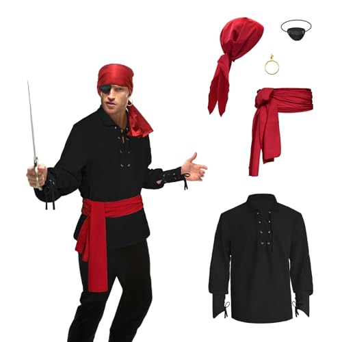 Piratenhemd für Herren, 5-teiliges Piratenkostüm-Set, Renaissance-Piratenhemd, viktorianisches Gothic-Shirt, Mittelalter-Kostüm, Wikinger-Kostüm, Cosplay, Schwarz, L Piratenhemd für Herren, 5-teiliges Piratenkostüm-Set, Renaissance-Piratenhemd, viktorianisches Gothic-Shirt, Mittelalter-Kostüm, Wikinger-Kostüm, Cosplay, Schwarz, L von Prebene