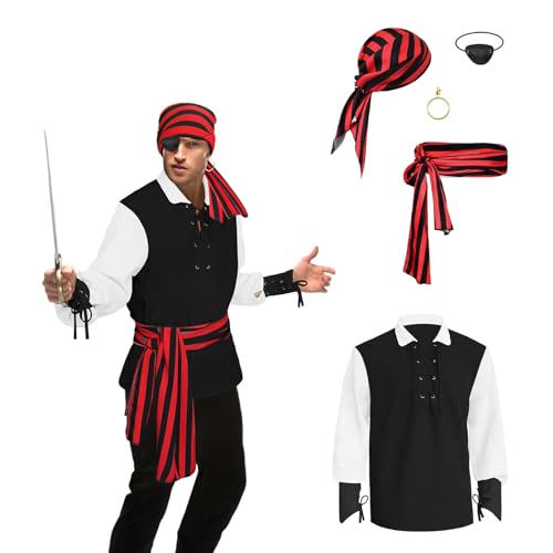 Piratenhemd für Herren, 5-teiliges Piratenkostüm-Set, Renaissance-Piratenhemd, viktorianisches Gothic-Shirt, Mittelalter-Kostüm, Wikinger-Kostüm, Cosplay, Schwarz-weiße Ärmel, M Piratenhemd für Herren, 5-teiliges Piratenkostüm-Set, Renaissance-Piratenhemd, viktorianisches Gothic-Shirt, Mittelalter-Kostüm, Wikinger-Kostüm, Cosplay, Schwarz-weiße Ärmel, M von Prebene