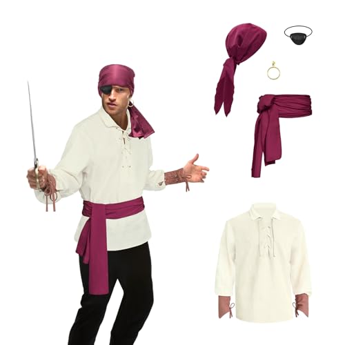 Piratenhemd für Herren, 5-teiliges Piratenkostüm-Set, Renaissance-Piratenhemd, viktorianisches Gothic-Shirt, Mittelalter-Kostüm, Wikinger-Kostüm, Cosplay, Weiß/Braunes Handgelenk, XXL Piratenhemd für Herren, 5-teiliges Piratenkostüm-Set, Renaissance-Piratenhemd, viktorianisches Gothic-Shirt, Mittelalter-Kostüm, Wikinger-Kostüm, Cosplay, Weiß/Braunes Handgelenk, XXL von Prebene