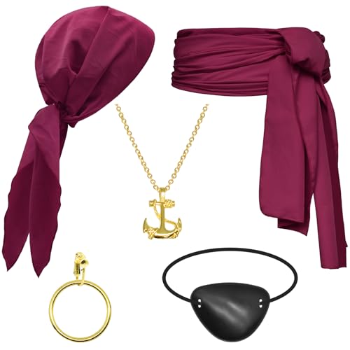 Piratenkostüm-Zubehör-Set für Damen und Herren, Piraten-Gürtel und Piraten-Kopftuch, Bandanas für Halloween, 5-teilig (Retro-Rot) von Prebene
