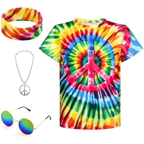 Prebene Boys Hippie Costume 60S 70s Colorful Tie Dye T-Shirt 4Pcs Accessories Set for kids Halloween Party Cosplay (DE/NL/SE/PL, Alter, 11 Jahre, 12 Jahre, Regular, Blau Rot) von Prebene