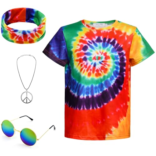 Prebene Boys Hippie Costume 60S 70s Colorful Tie Dye T-Shirt 4Pcs Accessories Set for kids Halloween Party Cosplay (DE/NL/SE/PL, Alter, 6 Jahre, 8 Jahre, Regular, Regenbogen Farbe) von Prebene
