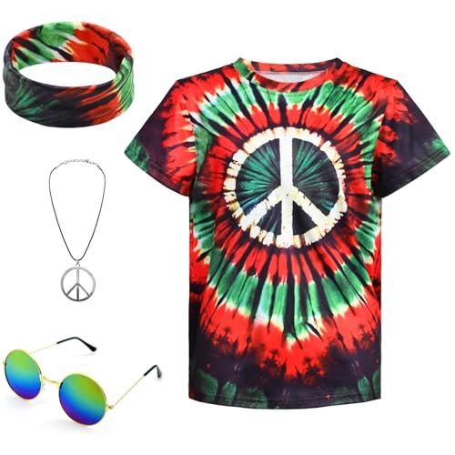 Prebene Boys Hippie Costume 60S 70s Colorful Tie Dye T-Shirt 4Pcs Accessories Set for kids Halloween Party Cosplay (DE/NL/SE/PL, Alter, 6 Jahre, 8 Jahre, Regular, Schwarz Grün) von Prebene
