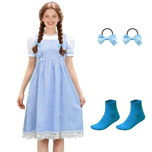 Prebene Halloween-Kostüme für Damen, blauer, karierter Rock für Buch-Geschichtenbuch-Charakter-Kostüme, Gingham-Kleid, Damen-Halloween-Outfit (M) von Prebene