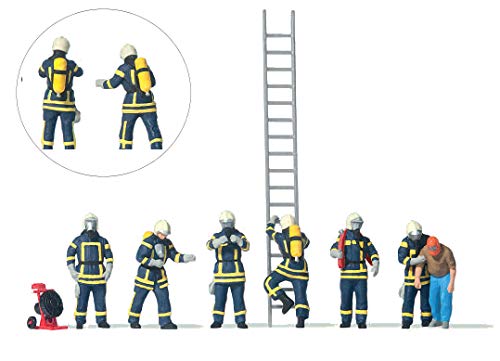 Preiser H0 10765 Figuren-Set Feuerwehrleute in moderner Blauer Einsatzkleidung mit Atemschutzgeräten 1:87 von Preiser
