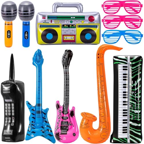 Aufblasbare Instrumente, aufblasbare Gitarren, Boom-Box, Keyboard, Klavier, Saxophon, Rock-and-Roll-Partyzubehör, aufblasbares Rockstar-Spielzeug-Set für 80er-/90er-Jahre-Motto-Party, Geburtstagsparty von Preocea