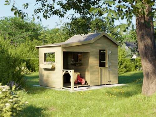 Prestige Garden Spielhaus Mailand | 259 x 194 x 177 cm | KDI Kiefernholz | Mit Anbau, Sitzbank & 4 Fenstern | Kinder Outdoor Spielhaus von Prestige Garden