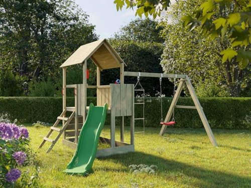 Prestige Garden Spielturm Little Monkey KDI | 410x260x250 cm | Kesseldruckimprägniert Kiefernholz | Inkl. Rutsche grün, Schaukel, Sandkasten & Zubehör | 90 cm Podesthöhe von Prestige Garden