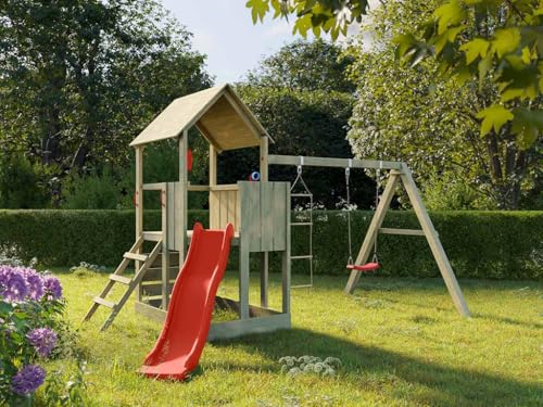 Prestige Garden Spielturm Little Monkey KDI | 410x260x250 cm | Kesseldruckimprägniert Kiefernholz | Inkl. Rutsche rot, Schaukel, Sandkasten & Zubehör | 90 cm Podesthöhe von Prestige Garden