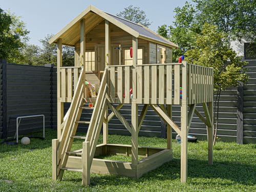 Prestige Garden Stelzenhaus Big House XL | 288,5x292,7x322,7 cm | KDI Kiefernholz | Mit Sandkasten, Veranda & Balkon | 150 cm Podest | Kinder Outdoor Spielhaus von Prestige Garden