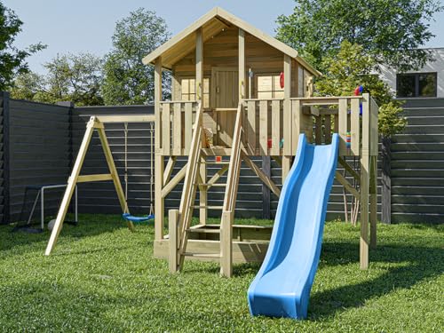 Prestige Garden Stelzenhaus Big House XL KDI | 448,5x292,7x322,7 cm | Kesseldruckimprägniert | Mit Sandkasten, Veranda, Balkon, Einzelschaukel & Blauer Rutsche | 150 cm Podest | Kinder Spielhaus von Prestige Garden