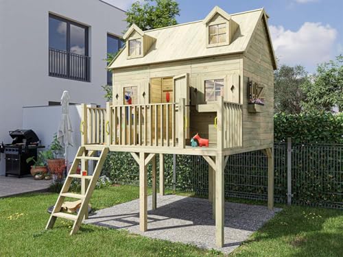 Prestige Garden Stelzenhaus Madrid KDI | 248x322x360 cm | Kesseldruckimprägniertes Kiefernholz | Mit 120 cm Podest, Veranda & Schlafboden | Kinder Outdoor Spielhaus von Prestige Garden