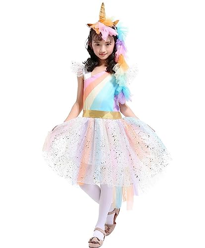 Mädchen Prinzessin Einhorn Kleid Kostüm, Rainbow130-140(Etikett 140),XL (7-8 Jahre) von Pretty Princess