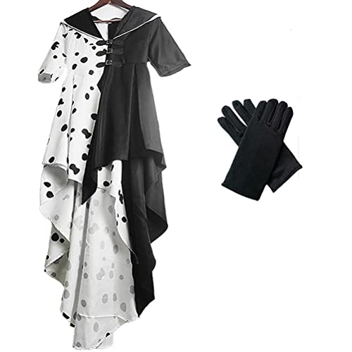 Prevessel Damen Cruella Deville Kostüm Kleid mit HandschuhenOutfits Bühnenkostüm Halloween und Mottoparty Cosplay von Prevessel