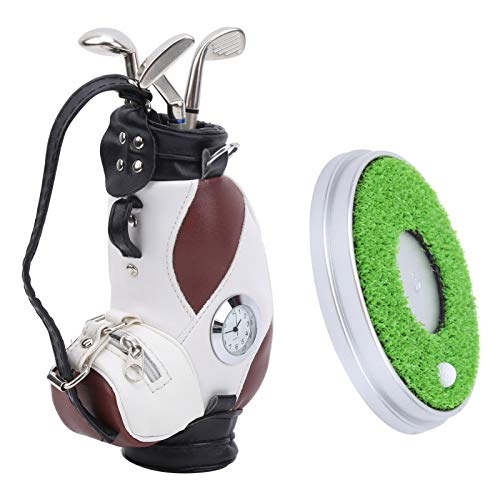 Prevessel Desktop-Golf-Stift-Set, 3 Kugelschreiber und Mini-Tasche, Golf-Stift-Tasche aus Zinklegierung mit Sockel (Braun und weiß) von Prevessel