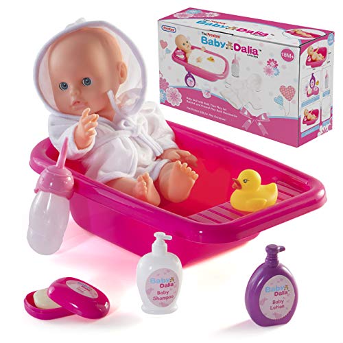 Prextex 8 Stück Puppe Bad Set mit Puppe, Badewanne, Bademantel und Badezubehör - Baby Dalia Puppe Baden-Geschenk-Set für Jungen und Mädchen von Prextex